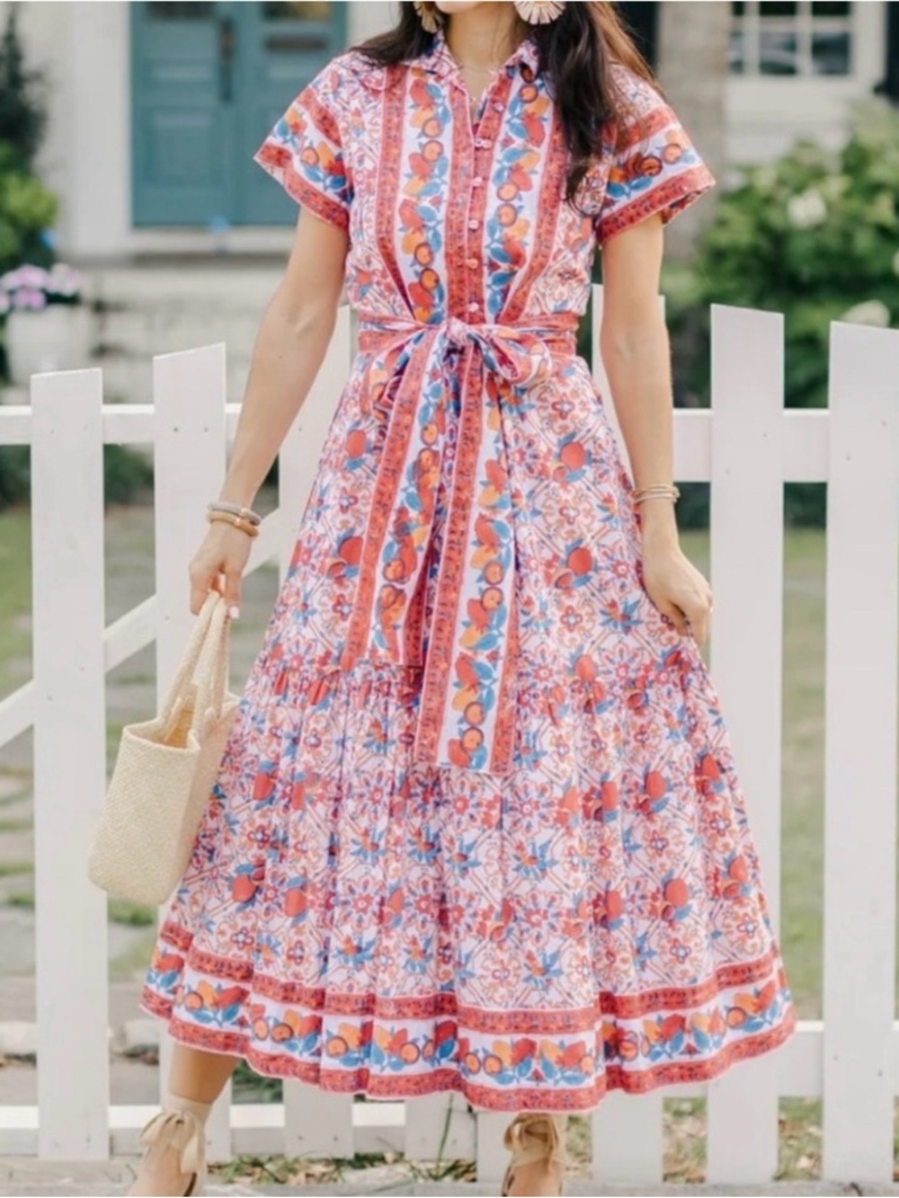 Victoria Dunn Coral & Blue Floral Maxi Shirt Dress with Tie Waist